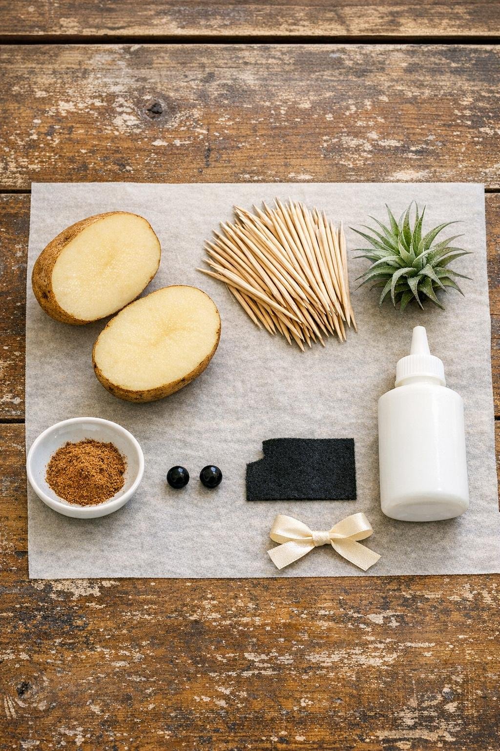 Materials for making a toothpick hedgehog planter laid out on a table