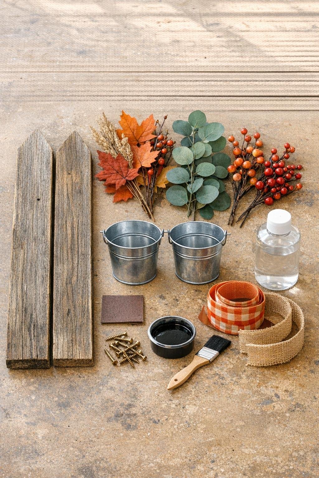 Materials for an autumn wall planter laid out on a work surface