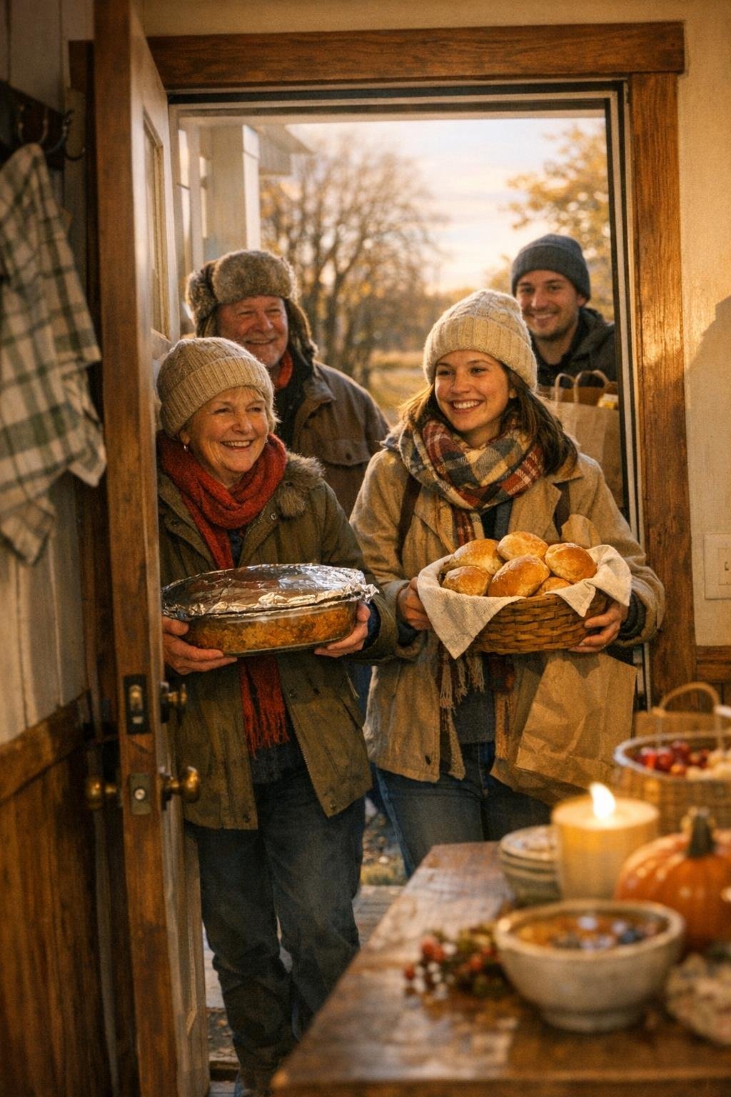 Family arriving at a farmhouse door with dishes in hand
