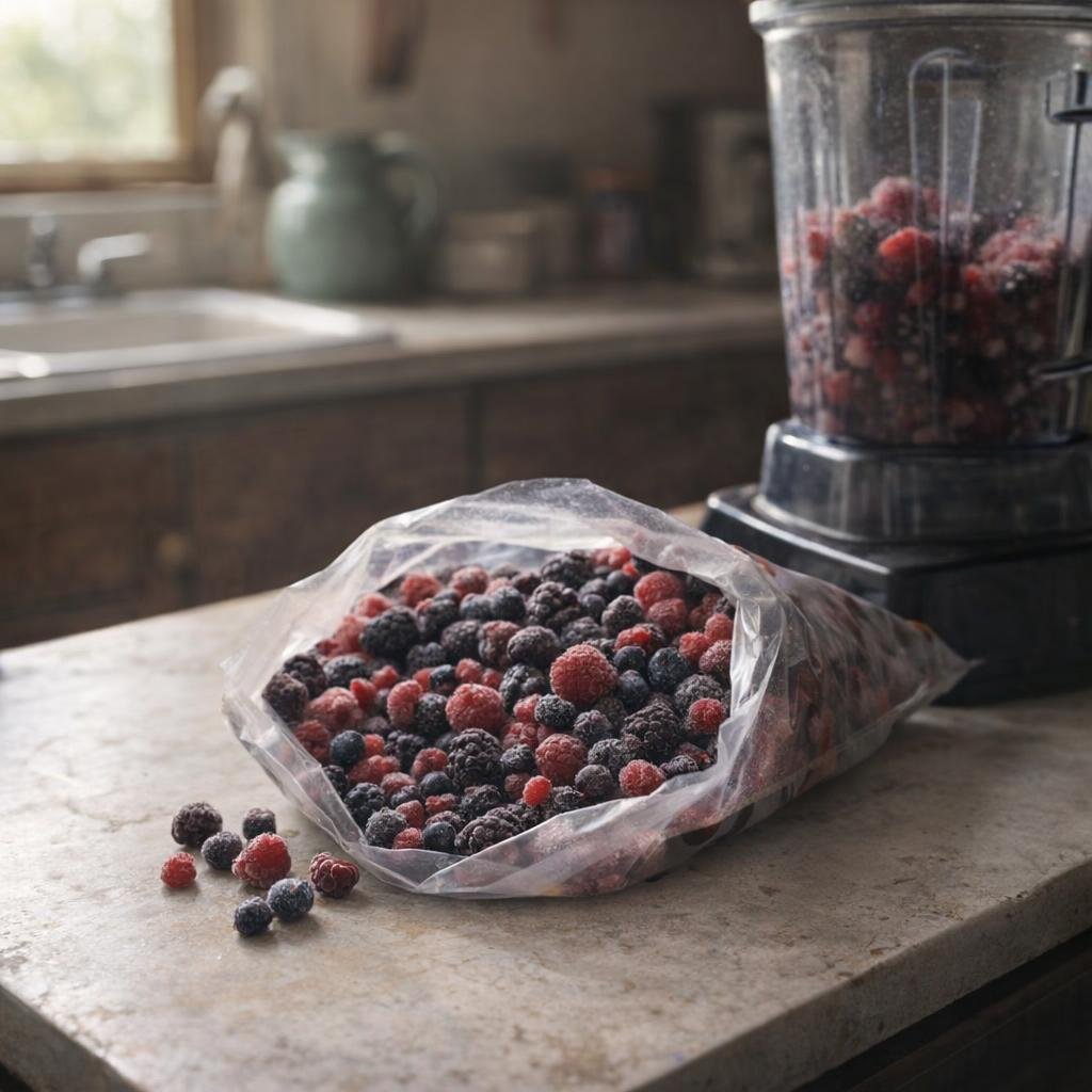 Bag of frozen mixed berries beside a blender on a country kitchen counter