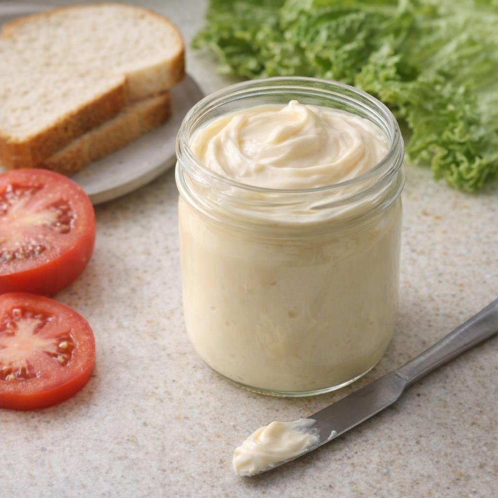 Open jar of mayonnaise beside sandwich ingredients on a kitchen counter
