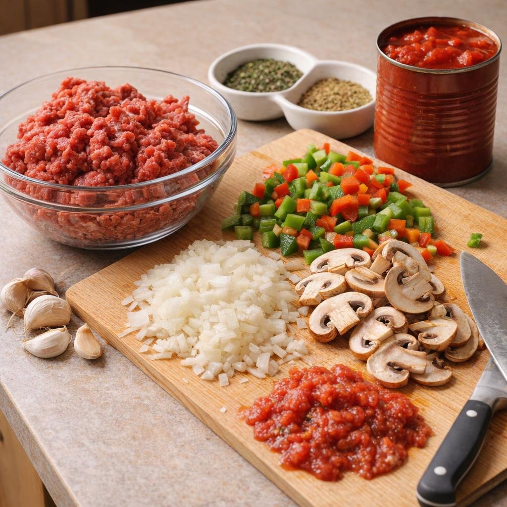 Ingredients for spaghetti sauce spread across a kitchen work surface