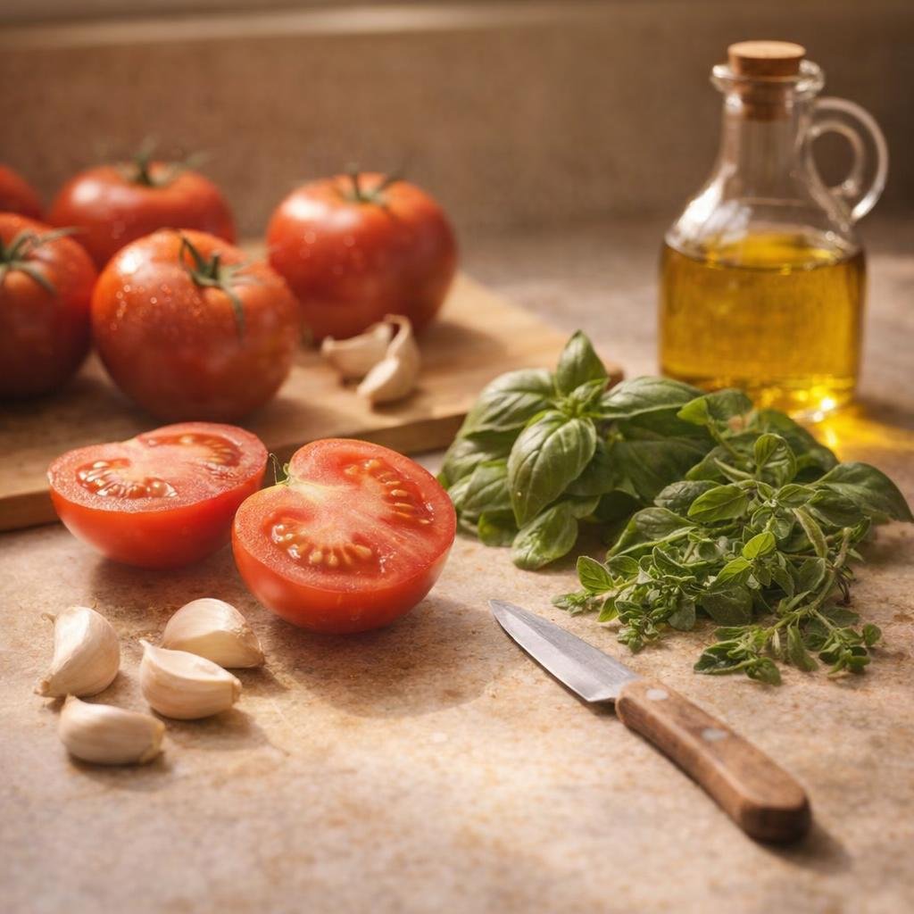 Fresh marinara ingredients arranged on a kitchen counter
