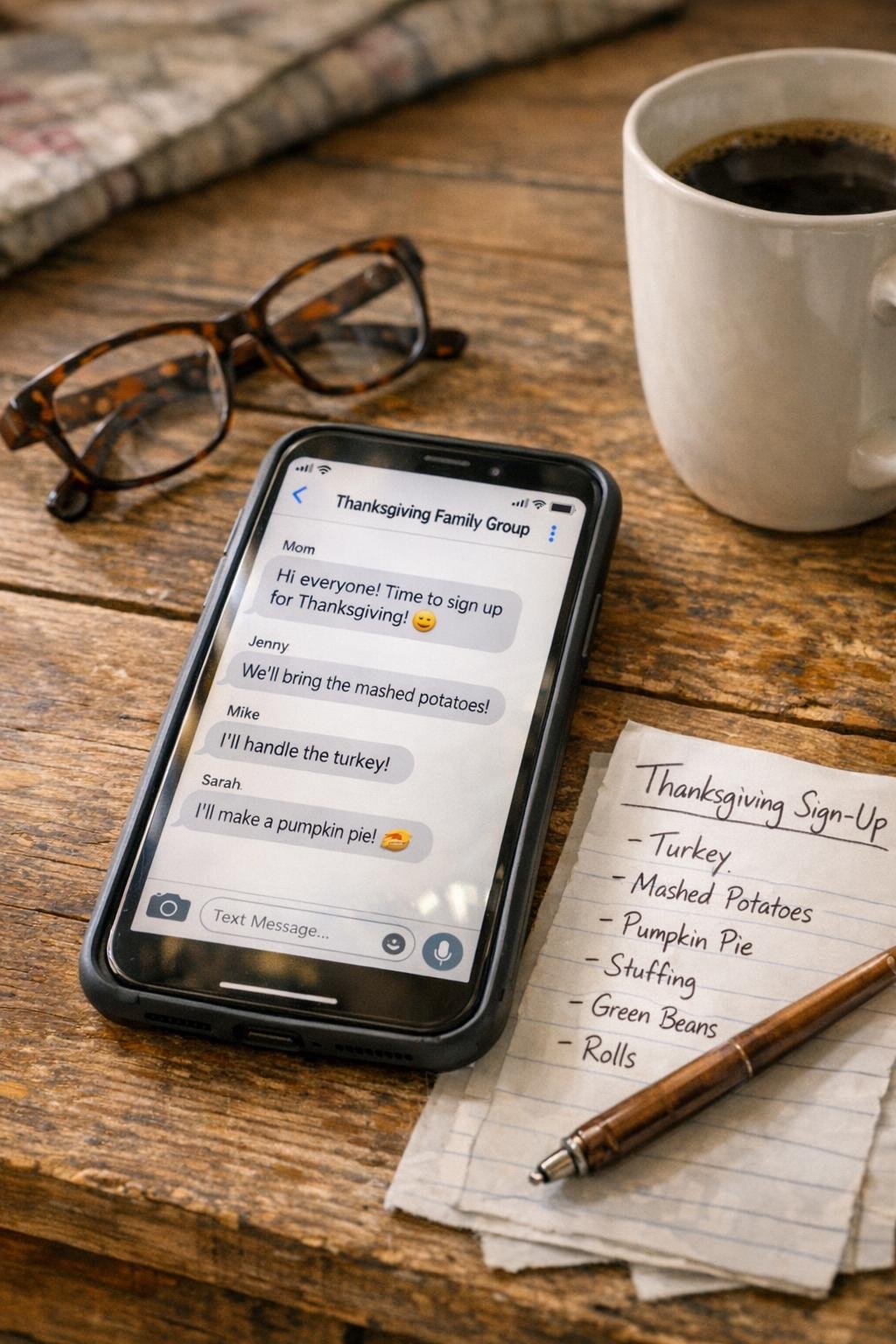 Phone showing a family Thanksgiving sign-up text beside a kitchen table