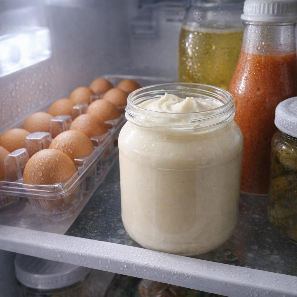 Jar of mayonnaise on a refrigerator shelf