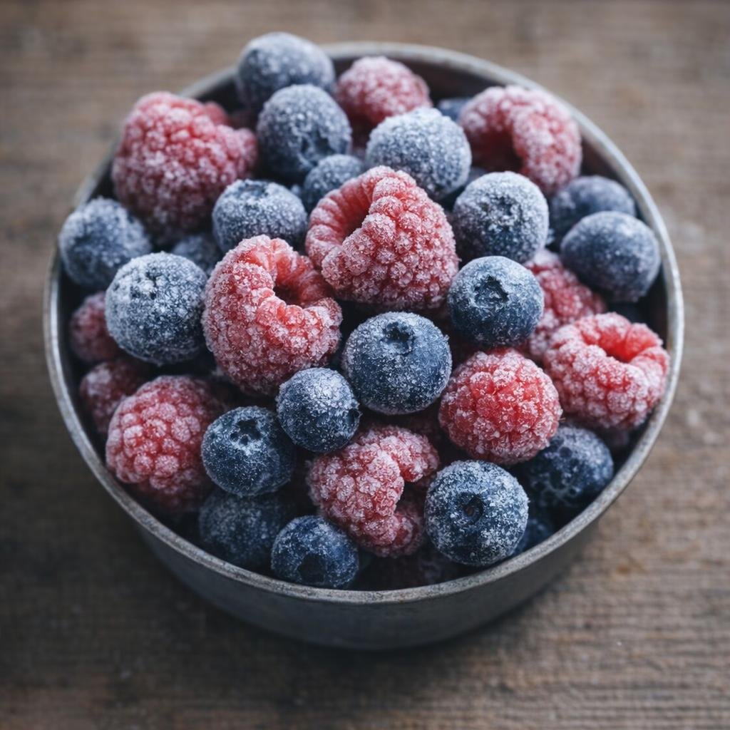 Frosted raspberries and blueberries in a metal bowl