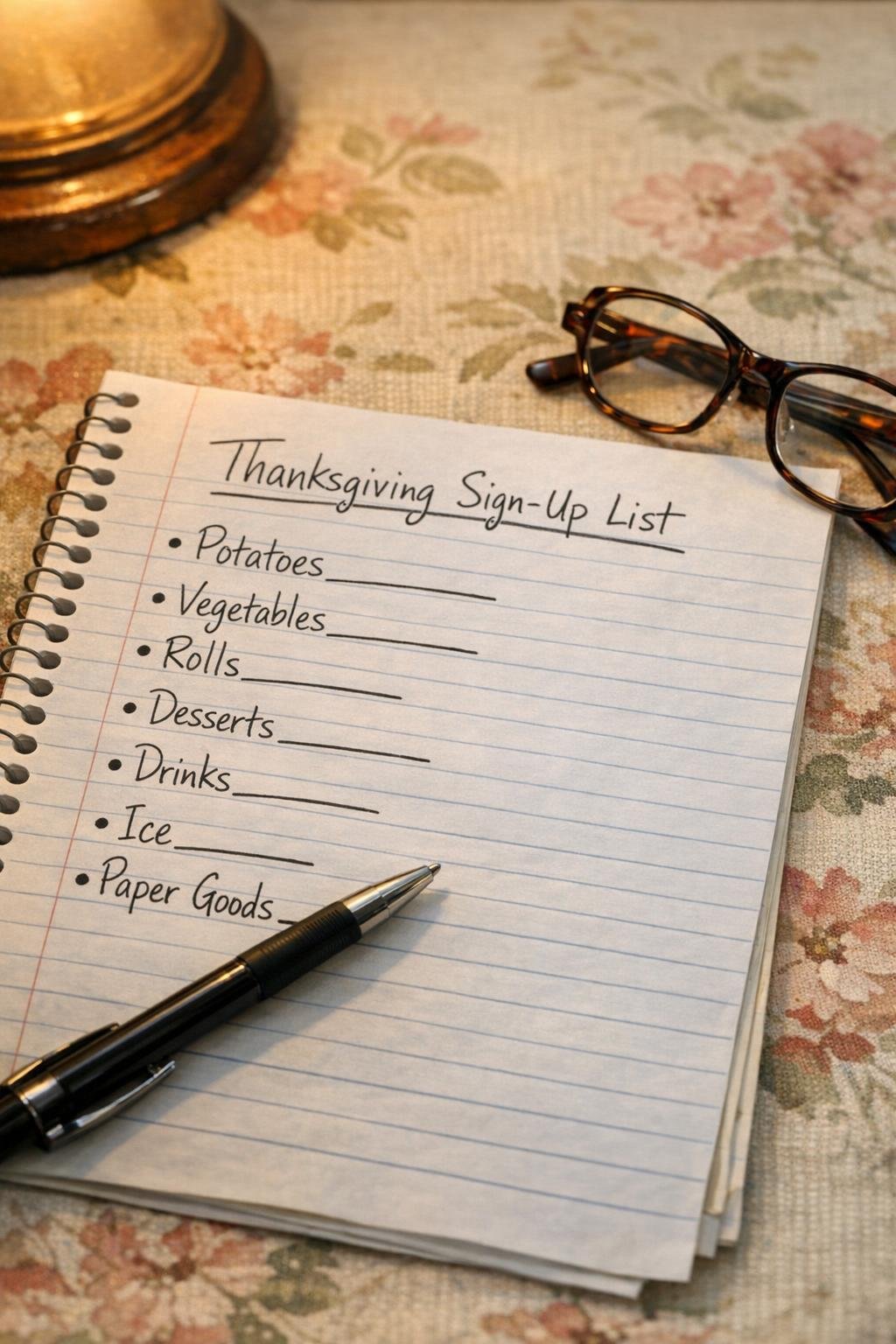 Handwritten Thanksgiving sign-up list on lined paper