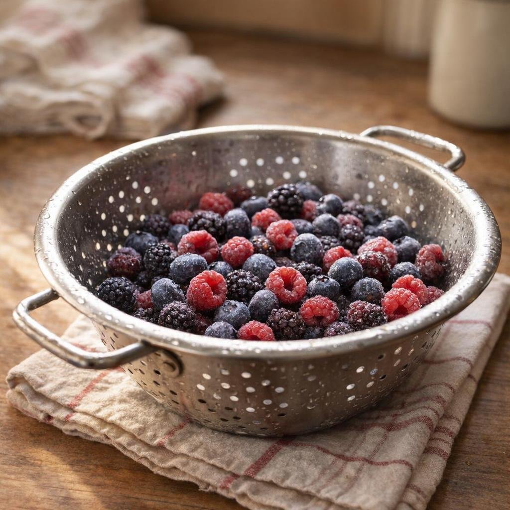 Drained frozen berries in a colander on a kitchen towel