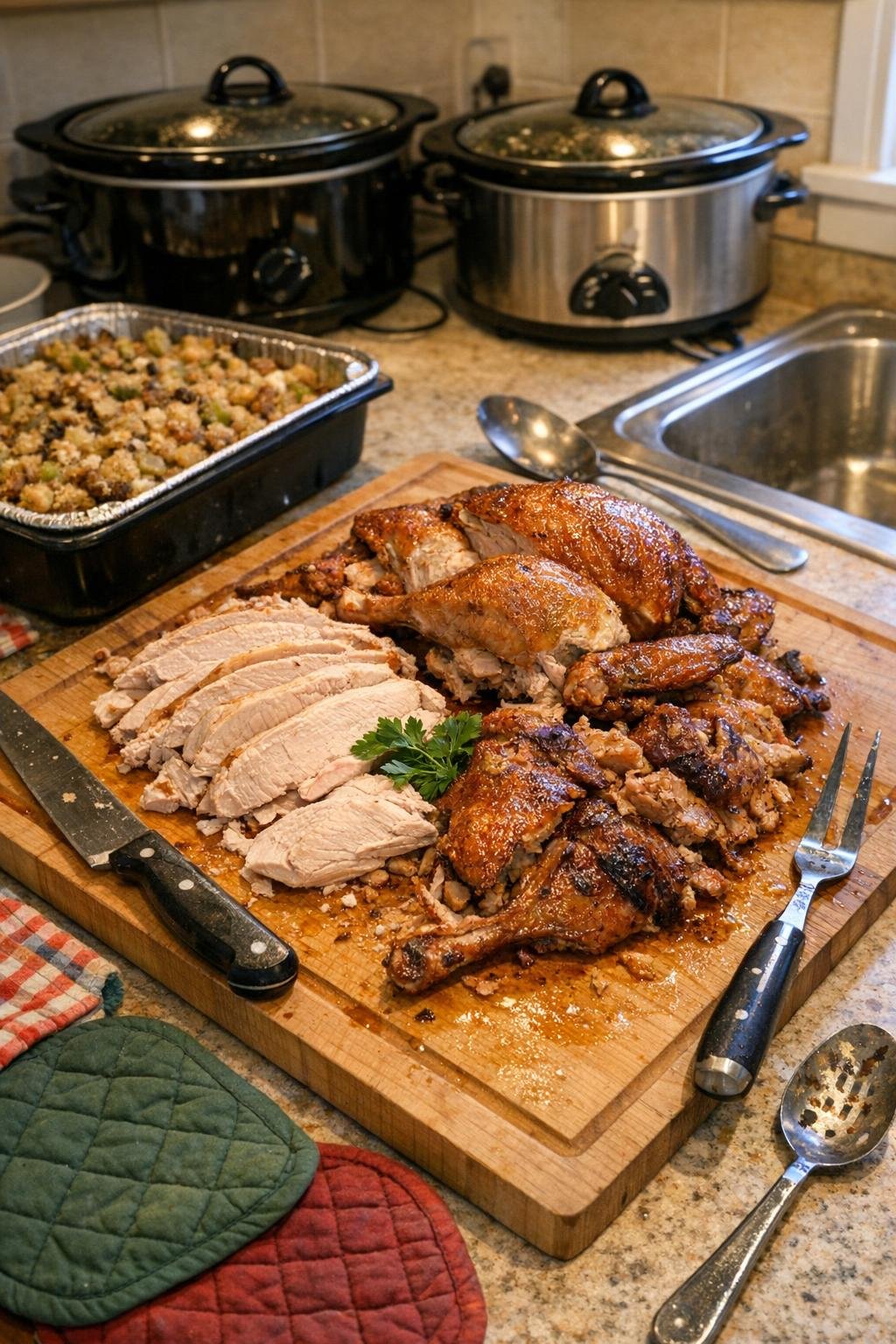 Carved turkey and dressing in a busy home kitchen