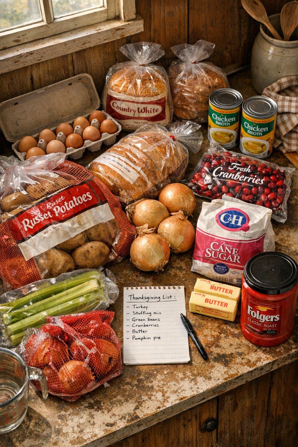 Thanksgiving groceries spread across a farmhouse counter