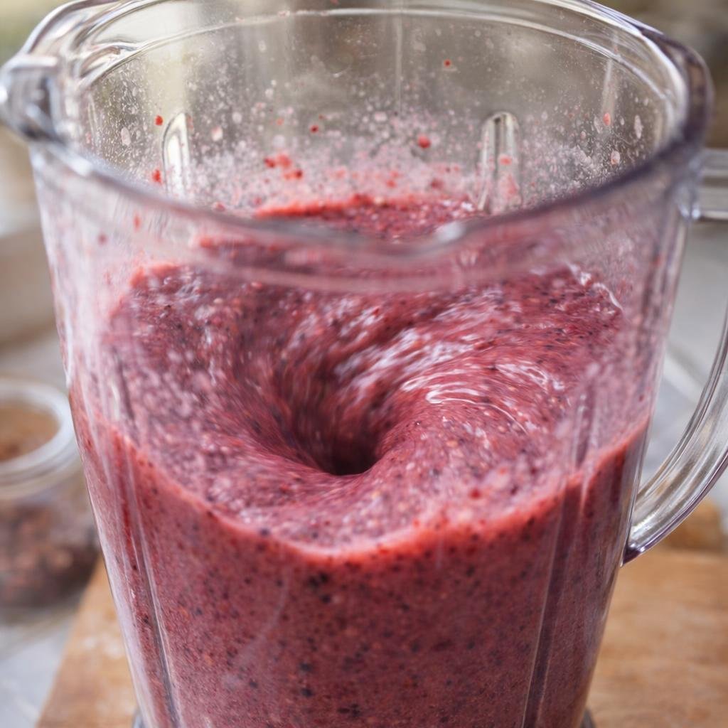 Berry smoothie swirling in a blender jar