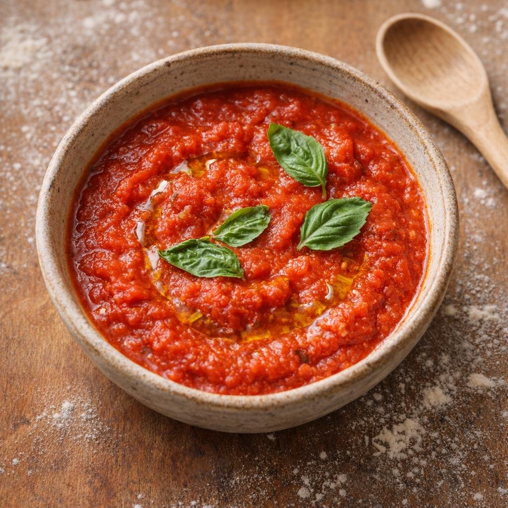 Simple bowl of marinara sauce with basil