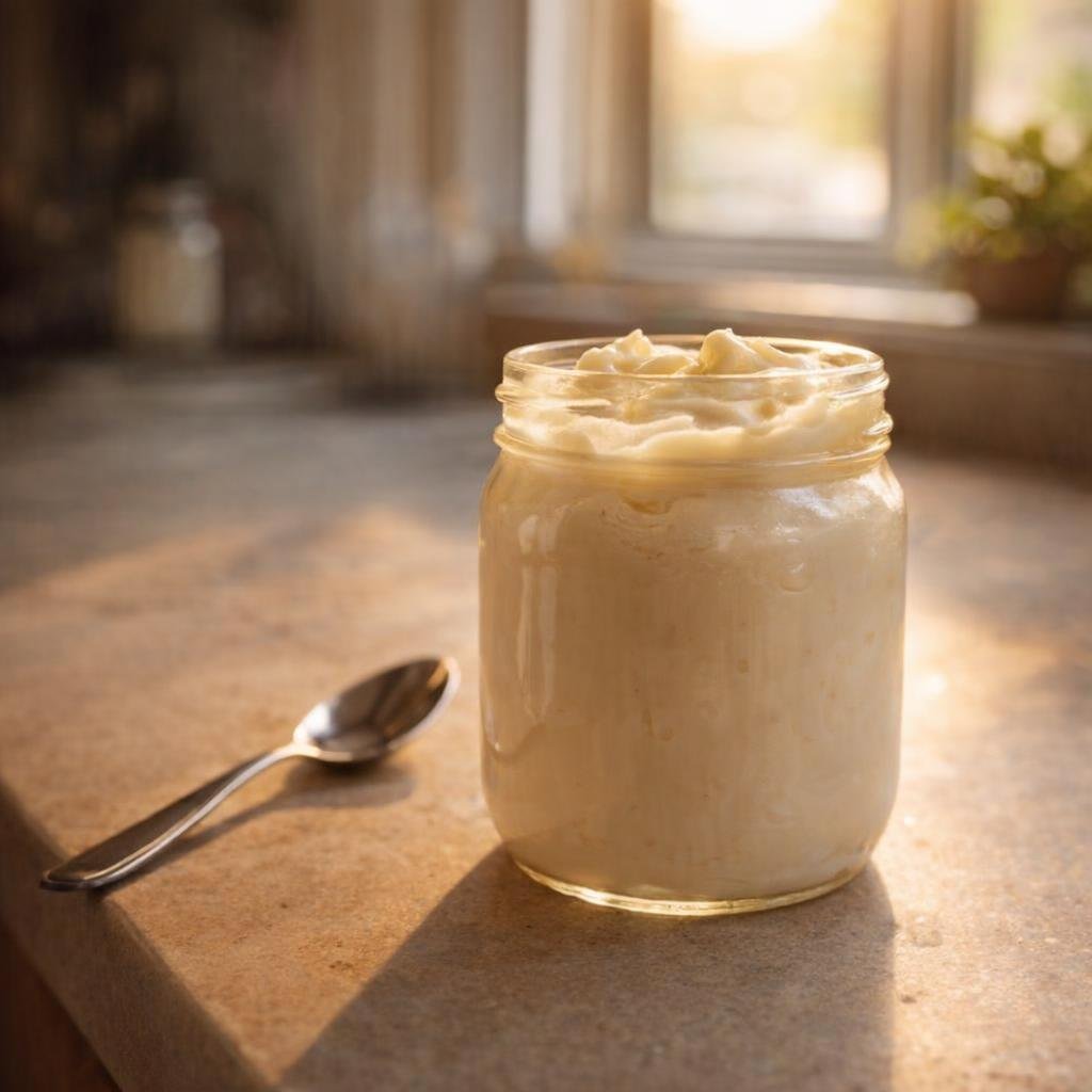 Mayonnaise jar left out on a warm kitchen counter
