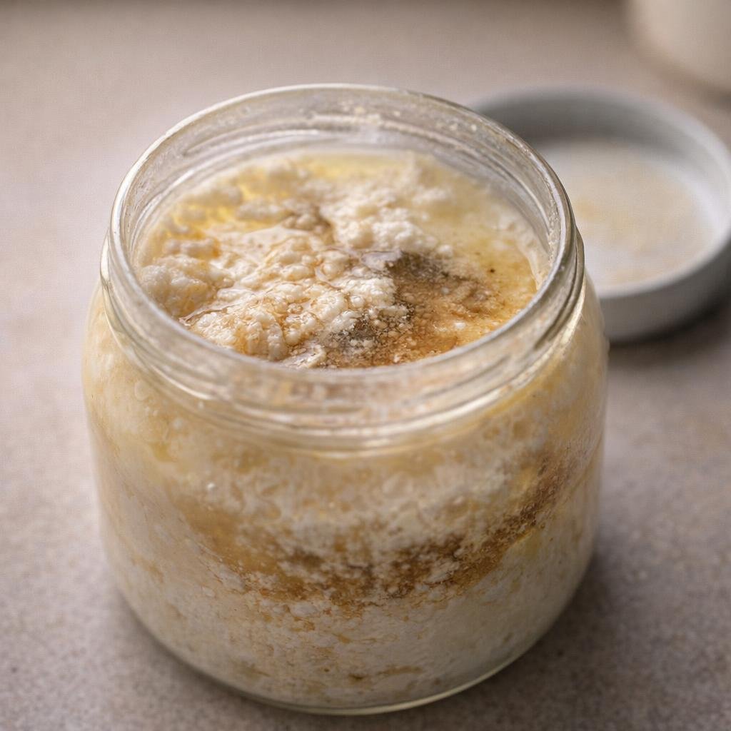 Close view of separated mayonnaise in a jar