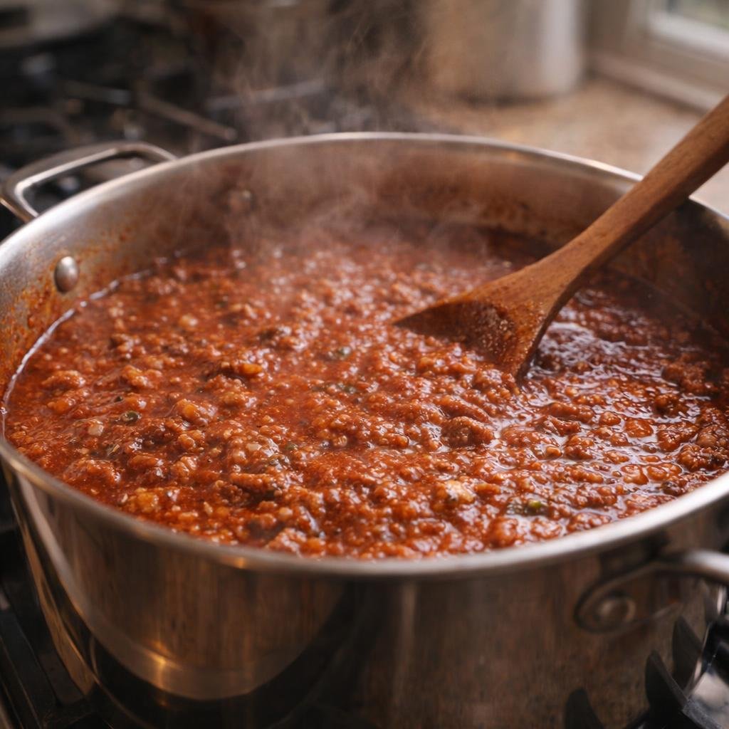 Hearty spaghetti sauce simmering in a pot