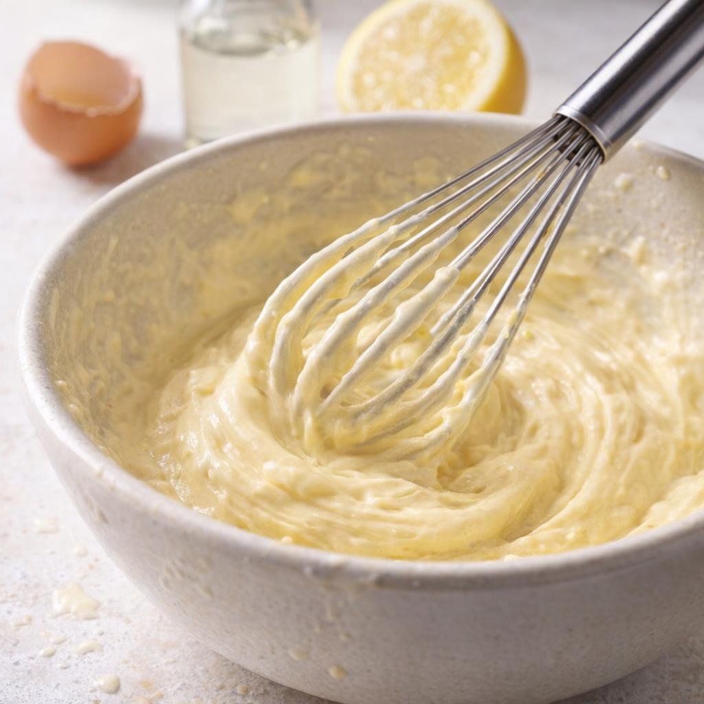Homemade mayonnaise being whisked in a mixing bowl