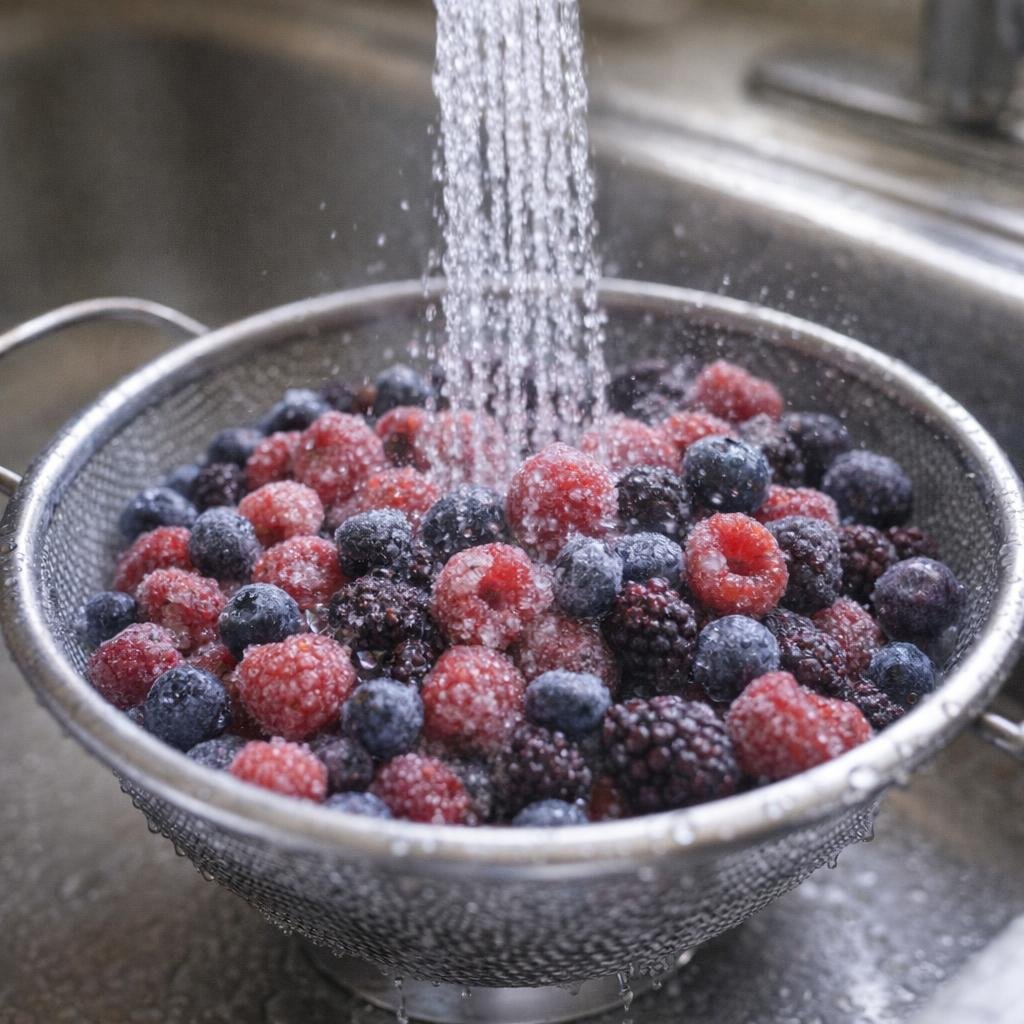 Frozen berries being rinsed in a colander under cold tap water
