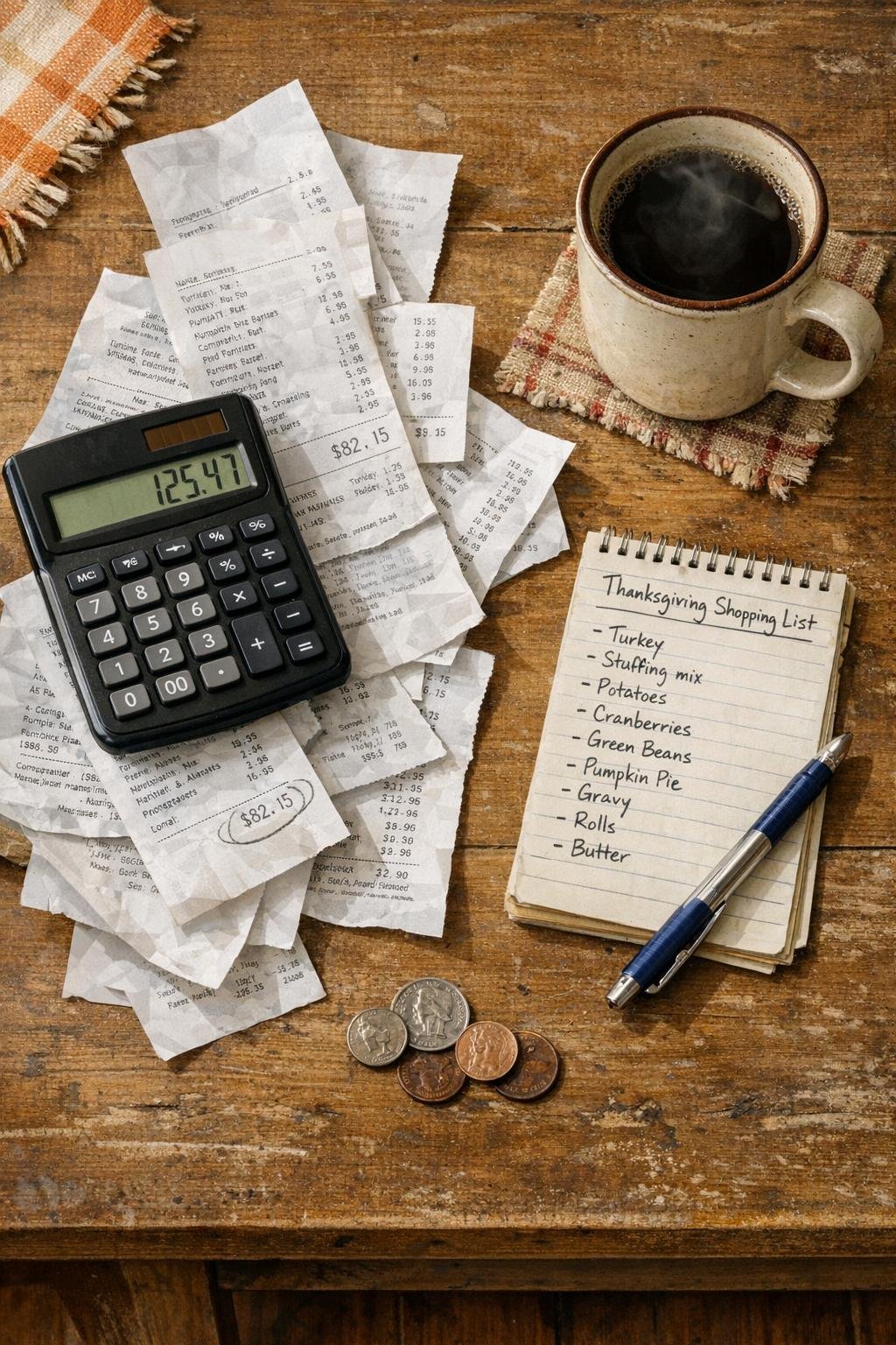 Receipts, calculator, and grocery list on a kitchen table