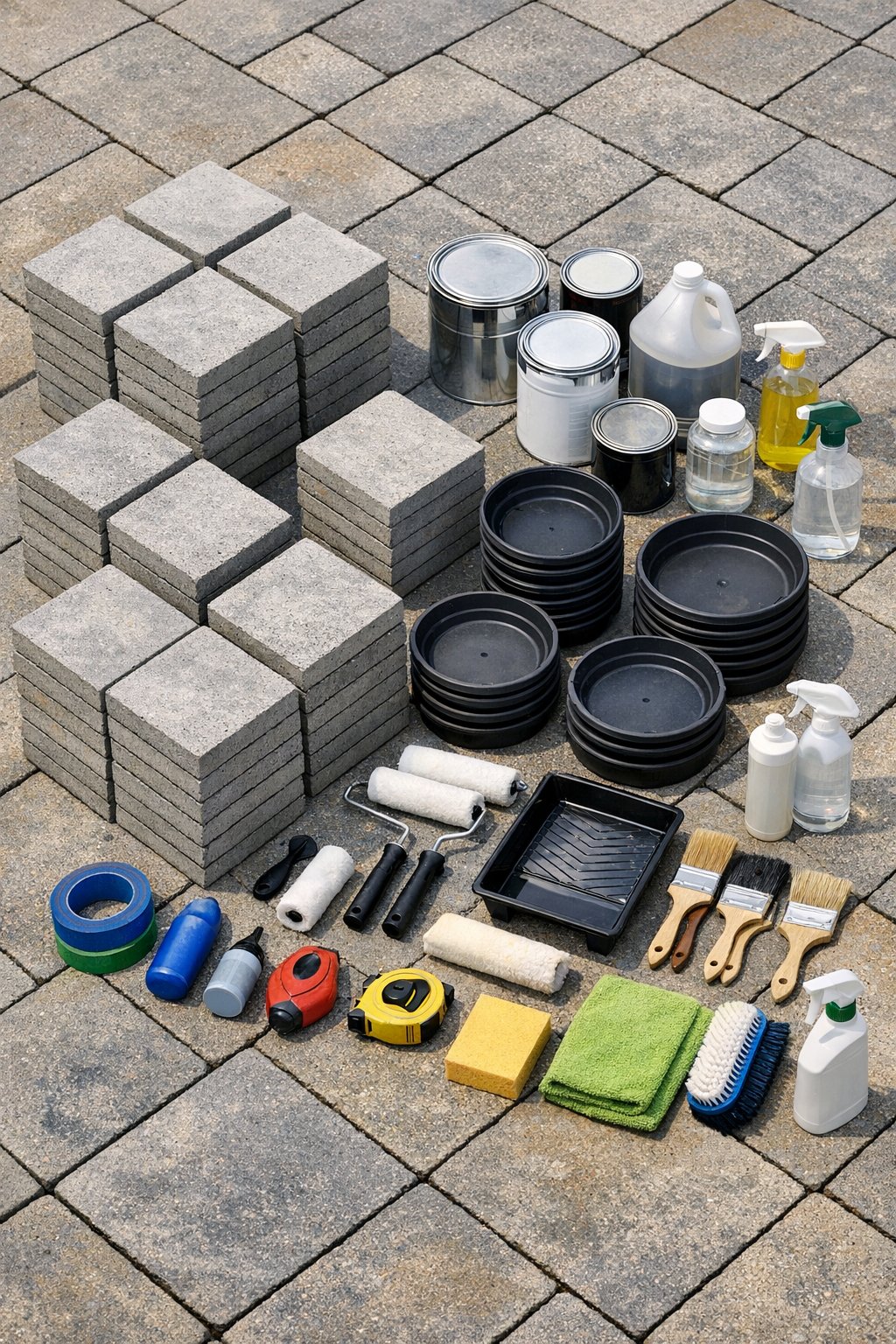 Concrete pavers, paint, primer, sealer, and plastic plant saucers laid out for the project