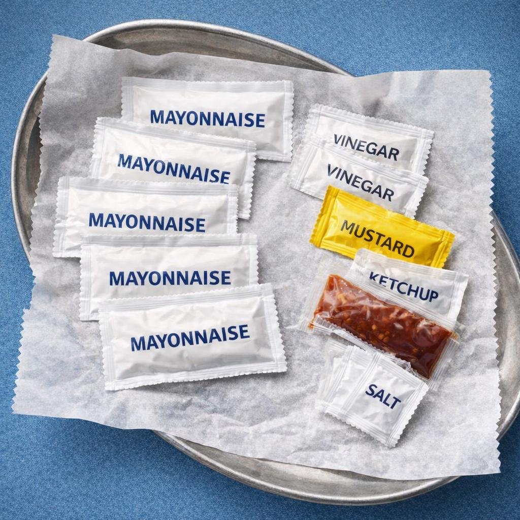 Assortment of shelf-stable mayonnaise packets and small condiments