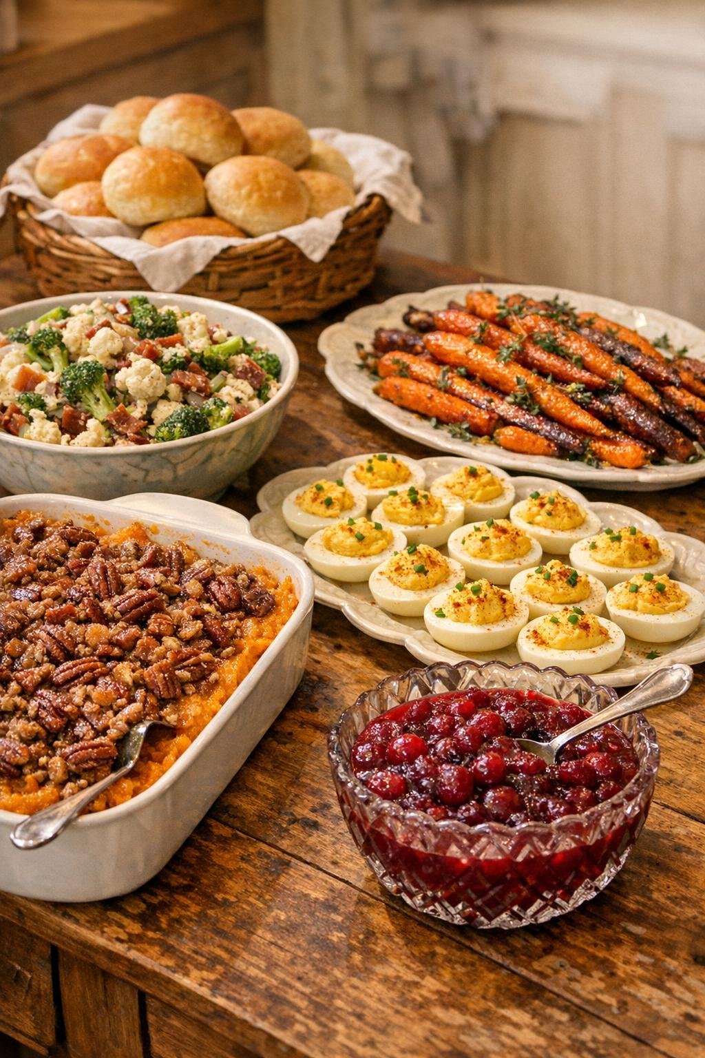 Thanksgiving side dishes lined up on a farmhouse buffet